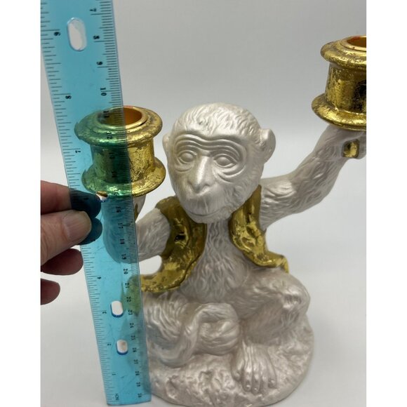 Monkey Candle Holder White Gold Vest Statue Ceramic Chinoiserie Grandmillennial - Picture 7 of 8